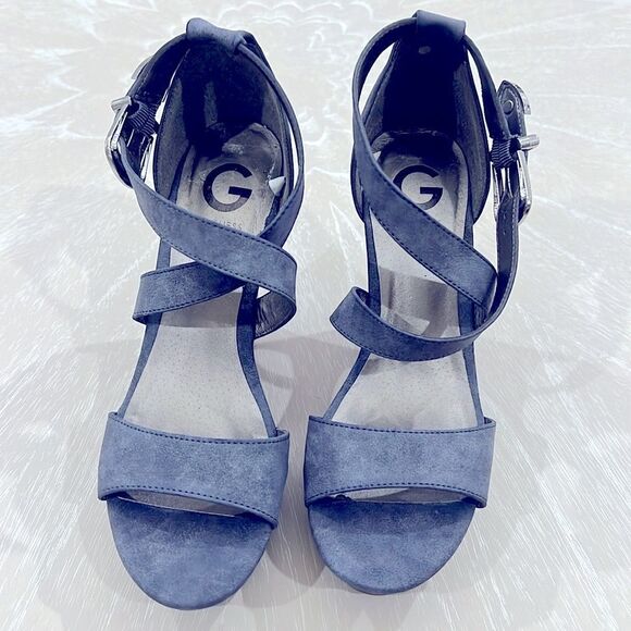 G By Guess Womens Blue Suede Adjustable Strap Buckle Wedge Strappy Heel Size 7.5 - Picture 5 of 10